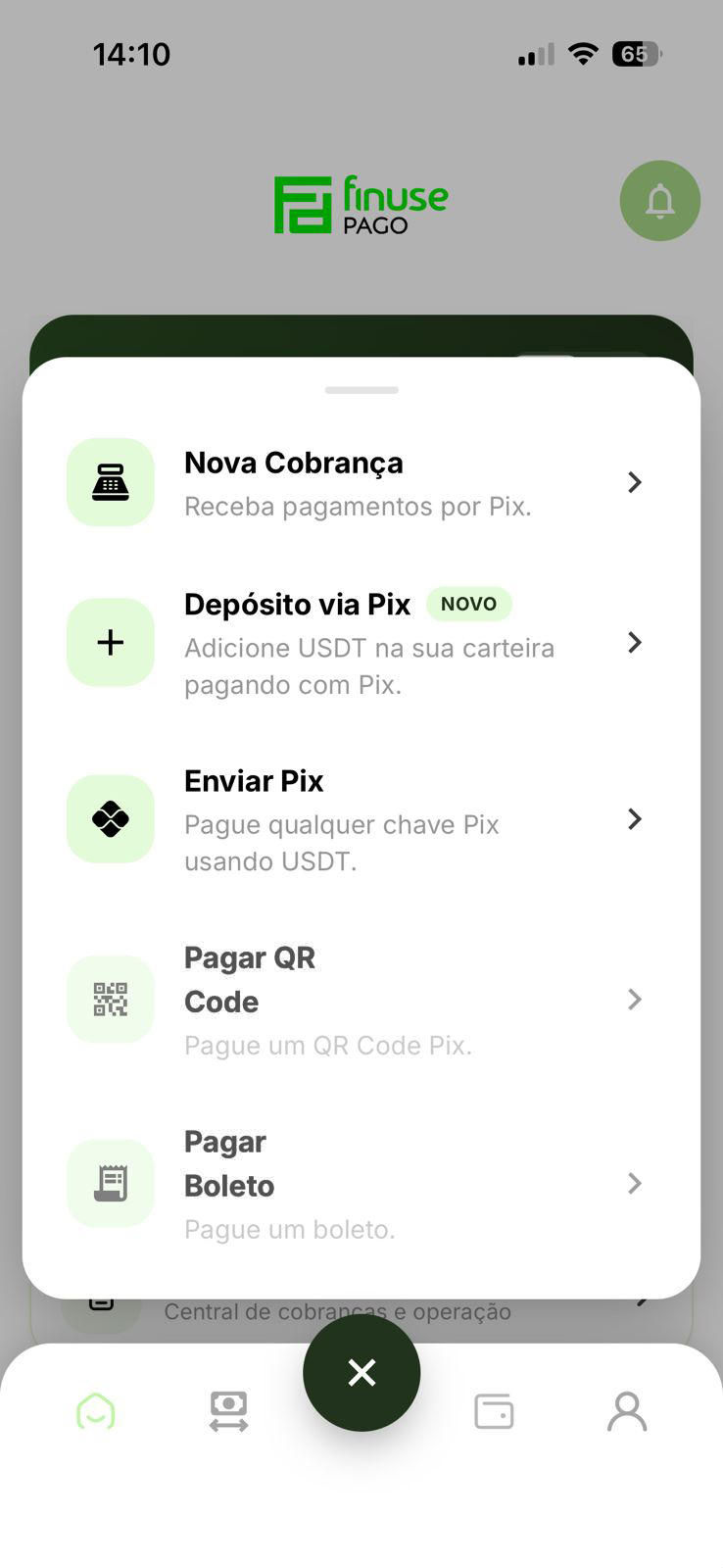 App Finuse Pago: cashout de USDT para Pix, QR Code Pix, boleto ou outra wallet