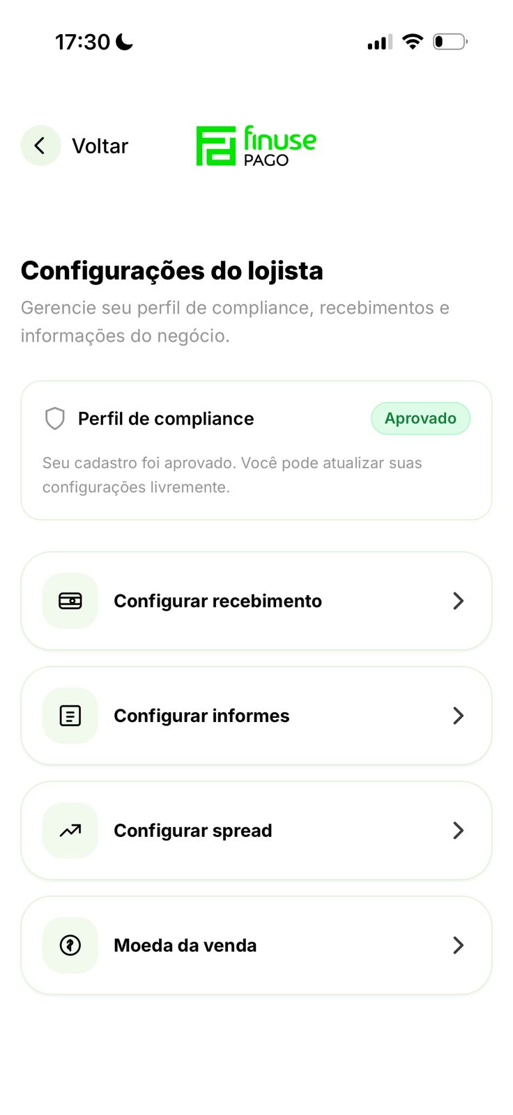 Tela de configurações do lojista no app Self Bank