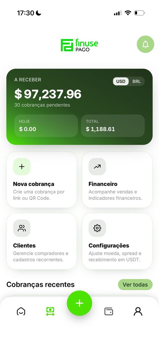 Tela inicial do app Finuse Pago